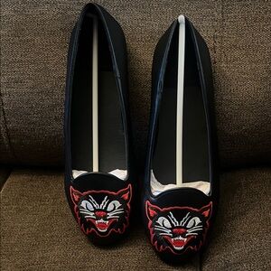 Strangecult Lydia black cat Embroidered Black Flats size 8